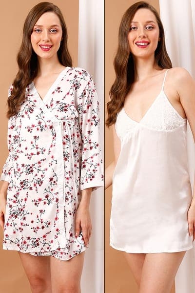 Chic Basic Short Night Dress &amp; Pretty Florals Robe Set in White - Satin