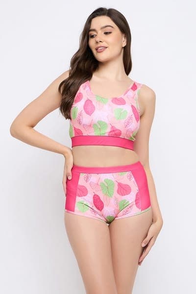 Buy Pretty Leaf Print Two Piece Swimsuit in Baby Pink Online - Clovia