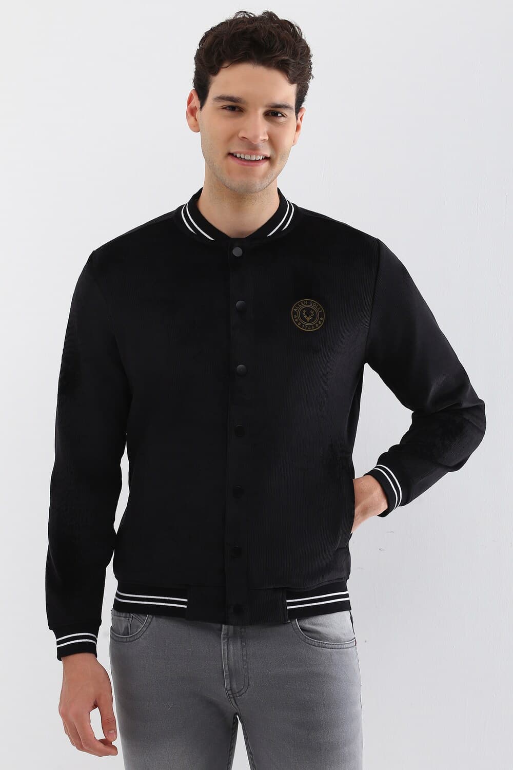 Men Black Stylized Neck Full Sleeves Casual Sweatshirt