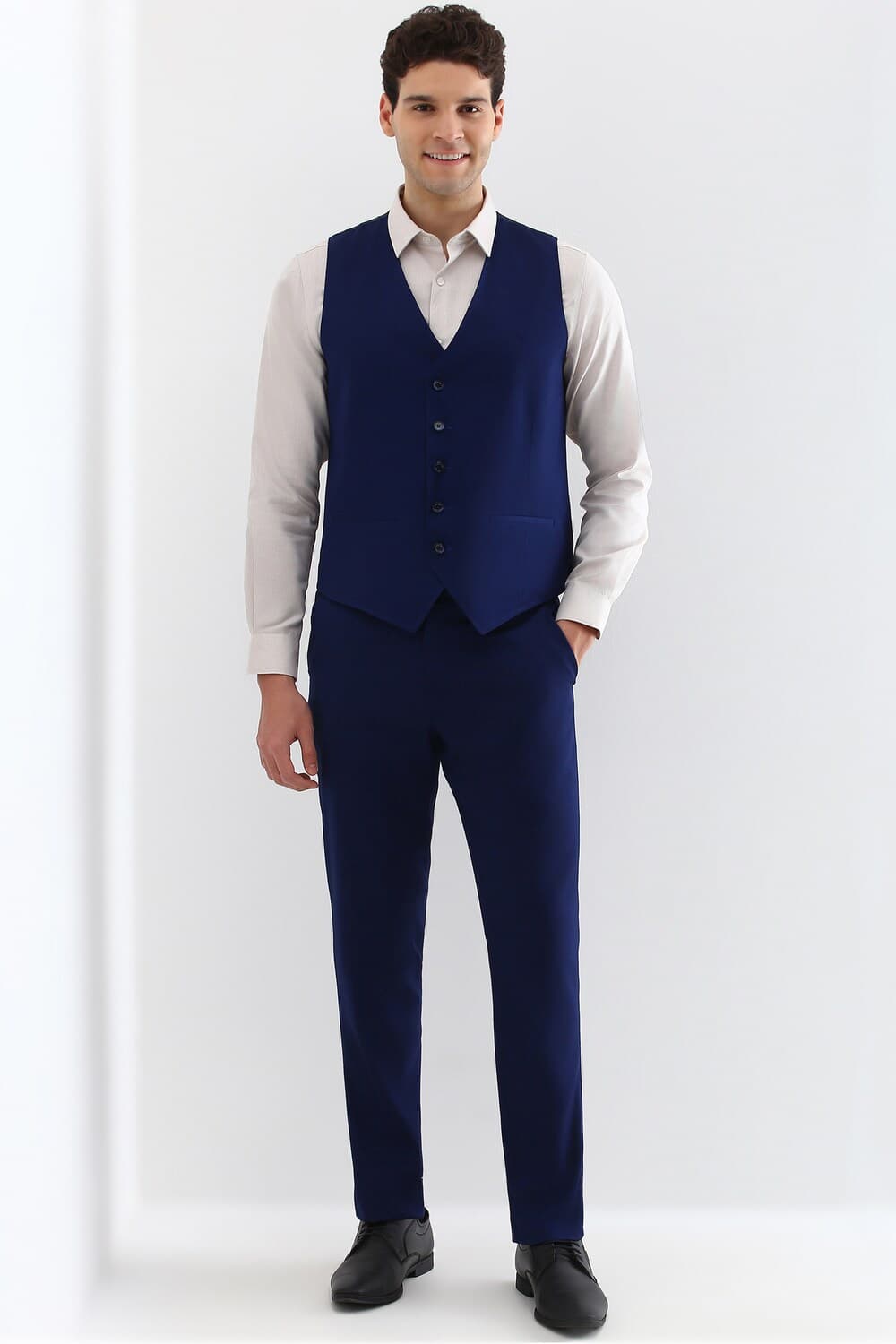 Men Navy Slim Fit Textured Formal Three Piece Suit