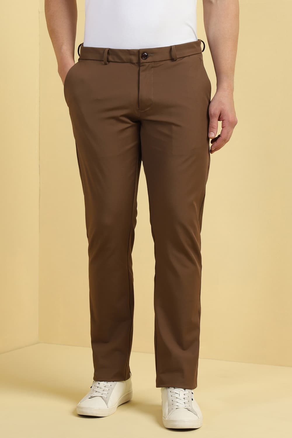 Men Brown Contemporary Fit Solid Casual Trousers
