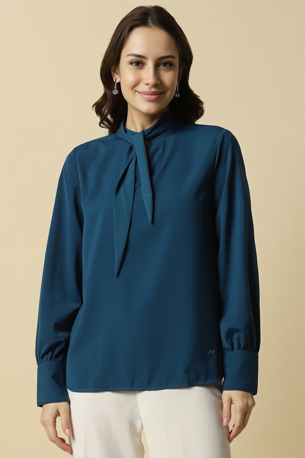 Women Blue Solid Business Casual Top
