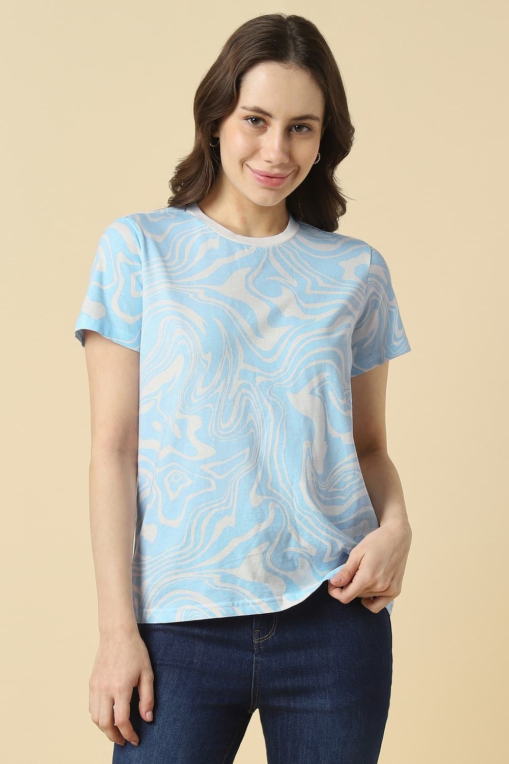 Women Light Blue Print Casual T-shirt