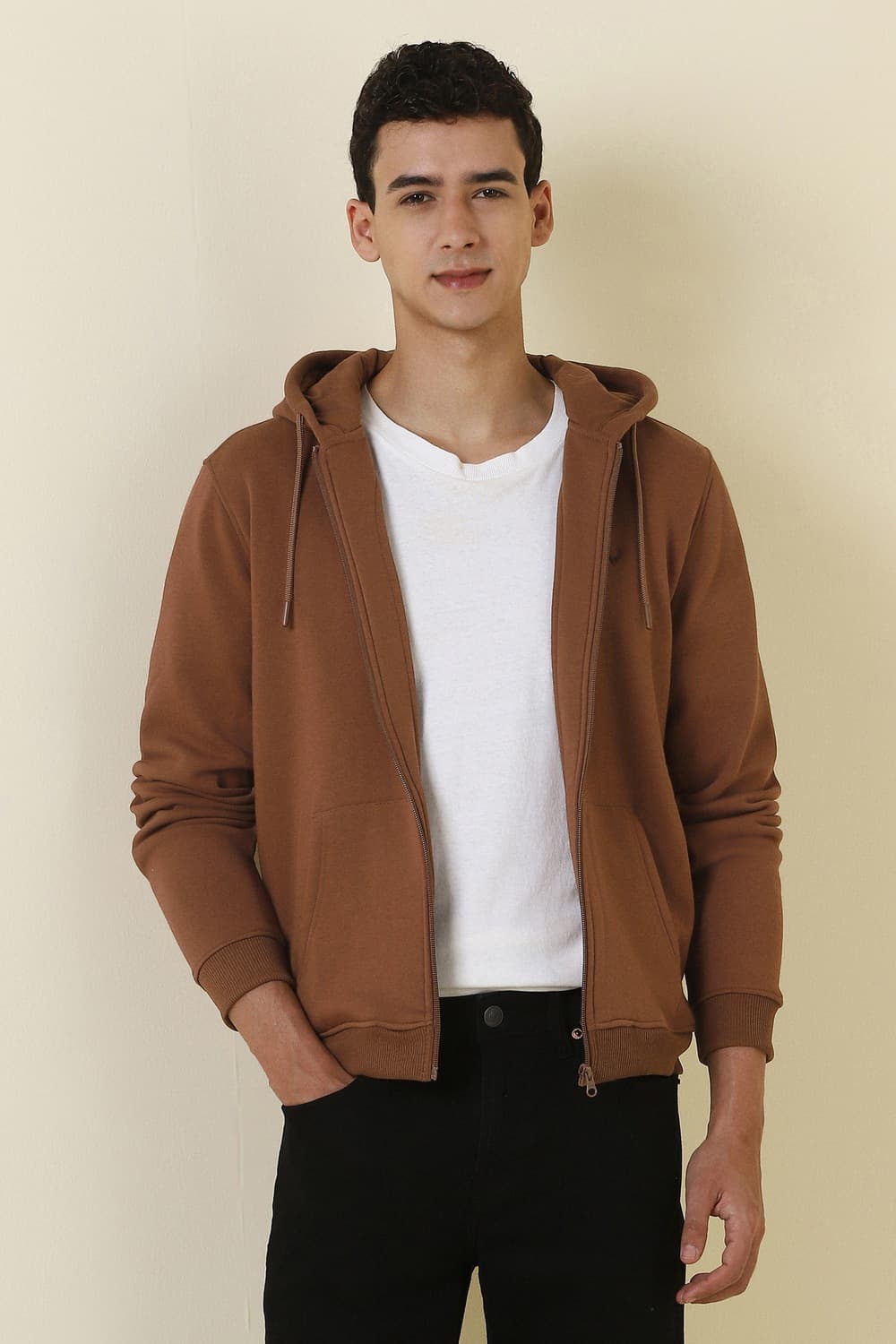 Men Brown Hooded Neck Full Sleeves Casual Sweatshirt