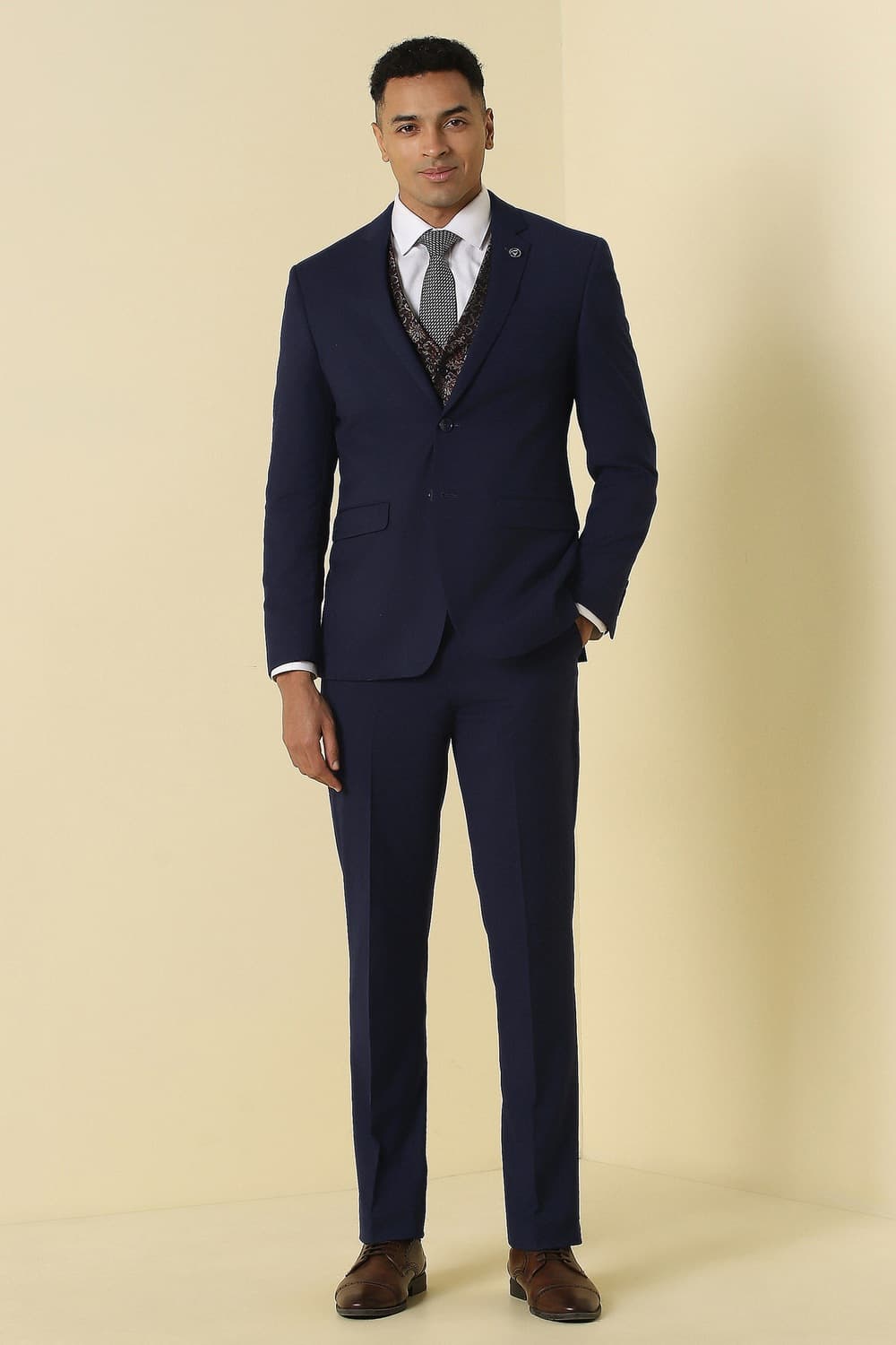 Men Navy Textured Formal Three Piece Suit