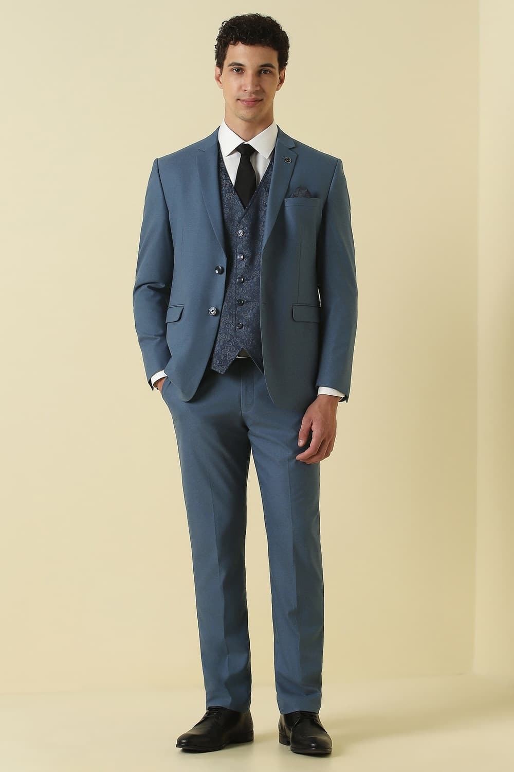 Men Blue Textured Formal Three Piece Suit