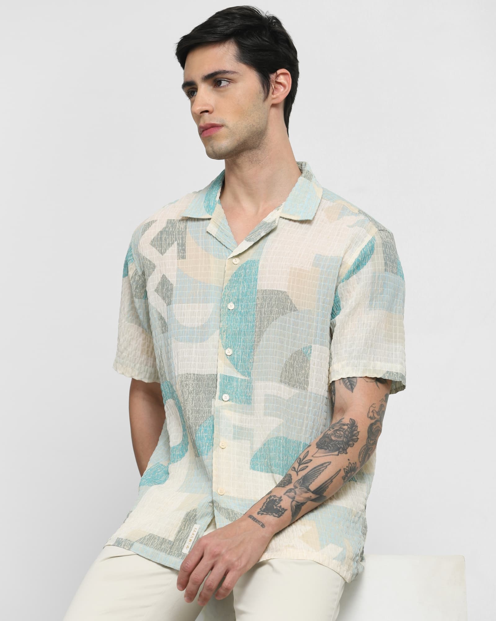 Sage Textured Print Relaxed Fit Casual Shirt