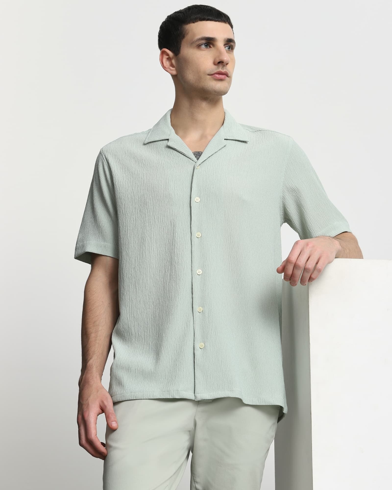 Light Green Textured Plain Relaxed Fit Casual Shirt