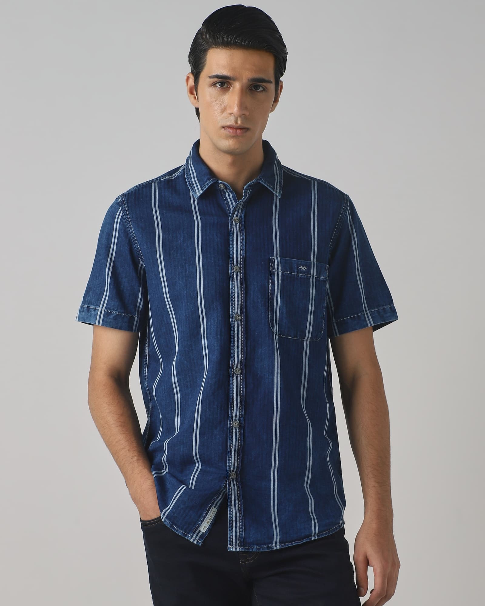 Indigo Blue Denim Stripe Slim Fit Casual Shirt