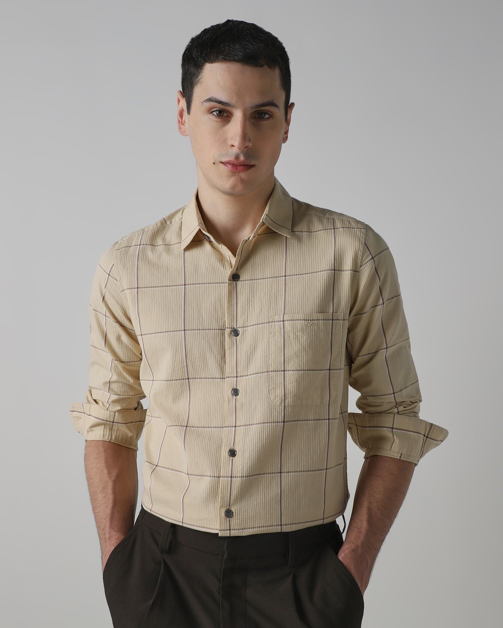 Beige Dobby Check Shirt
