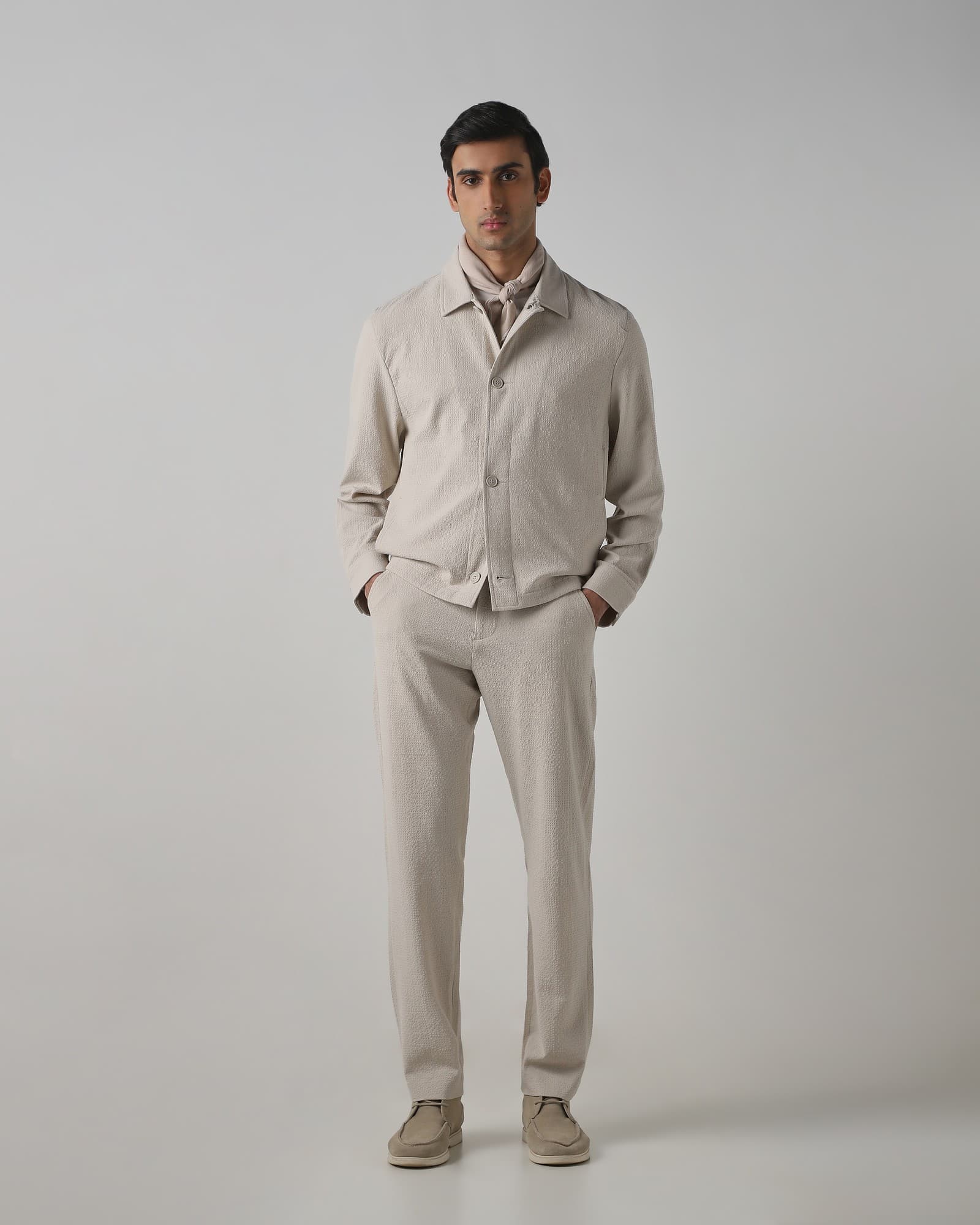Beige Slim Straight Fit Flat Front Pants