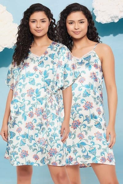 Buy Pretty Florals Night Dress & Robe Set in White - Satin Online - Clovia Buy Pretty Florals Night Dress & Robe Set in White - Satin Online - Clovia